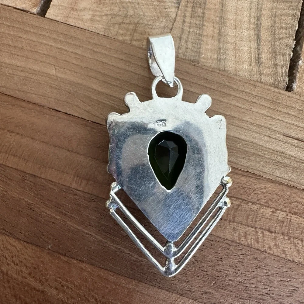 Vintage Brutalist Artisan Pendant 2 Inch Green Lab Peridot Gem 925 Sterling 7.7g